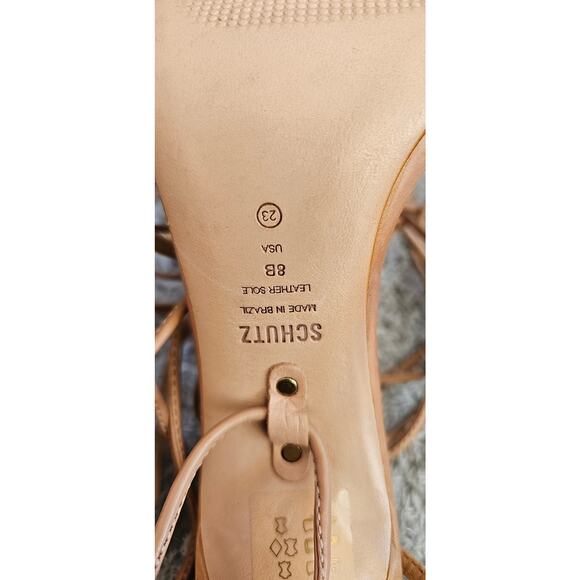 New Schutz Vikki Tan Leather Lace Up High Heel Square Toe Sandals Womens Size 8B - Picture 7 of 9
